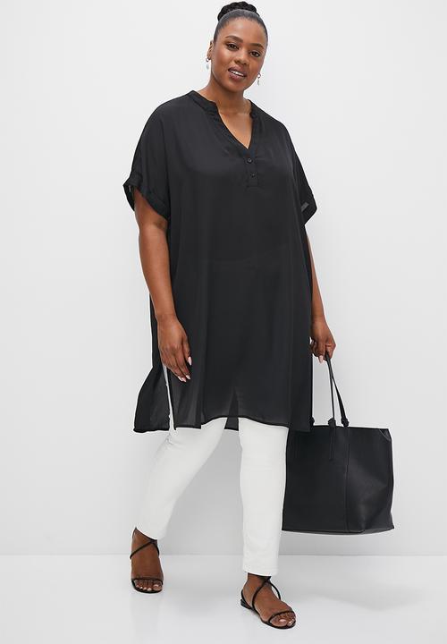edit Plus - Short sleeve longline notch neck blouse - black