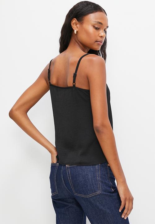 MILLA - Satin cami with lace trim - black