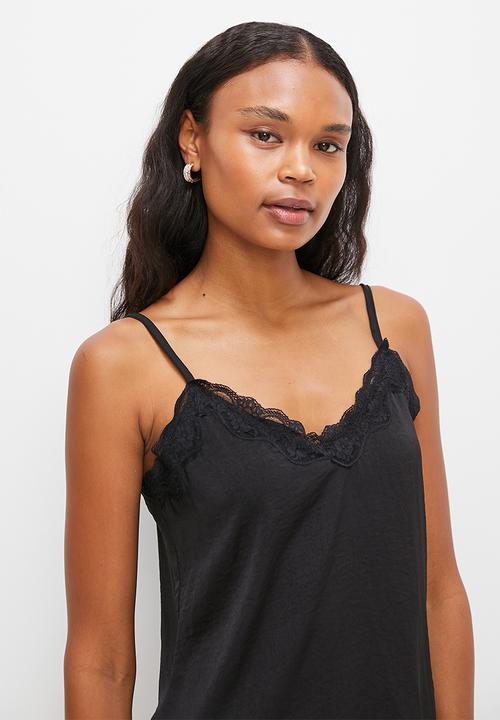 MILLA - Satin cami with lace trim - black