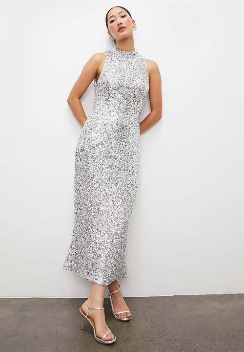 VELVET - Halter sequins midi dress - silver