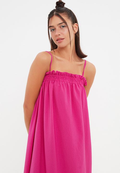 Trendyol - Strap detail ruffle midi dress - pink