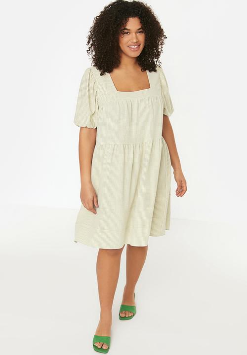 Trendyol - Plus square neck gingham dress - green