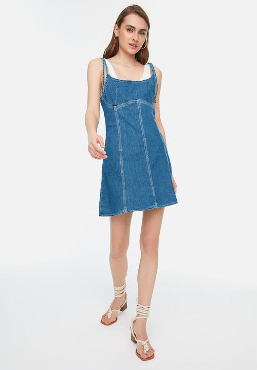 Trendyol - Tie shoulder denim dress - blue