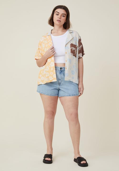 Cotton On - Curve patchwork resort shirt - splice orange patchwork