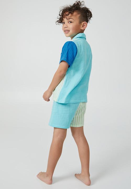 Cotton On - Andre cheesecloth short sleeve pj set - heaven blue/colour block
