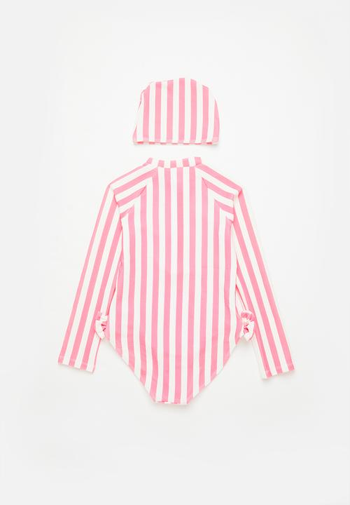 Pop Candy - Girls stripe swimsuit with zip - pink & white 