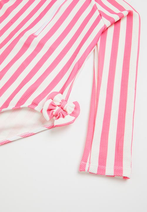 Pop Candy - Girls stripe swimsuit with zip - pink & white 