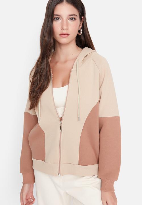 Trendyol - Colour block basic zippered sweatshirt - beige