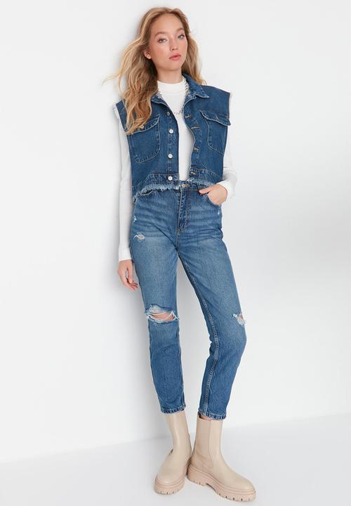 Trendyol - Ripped high waist mom jeans - blue