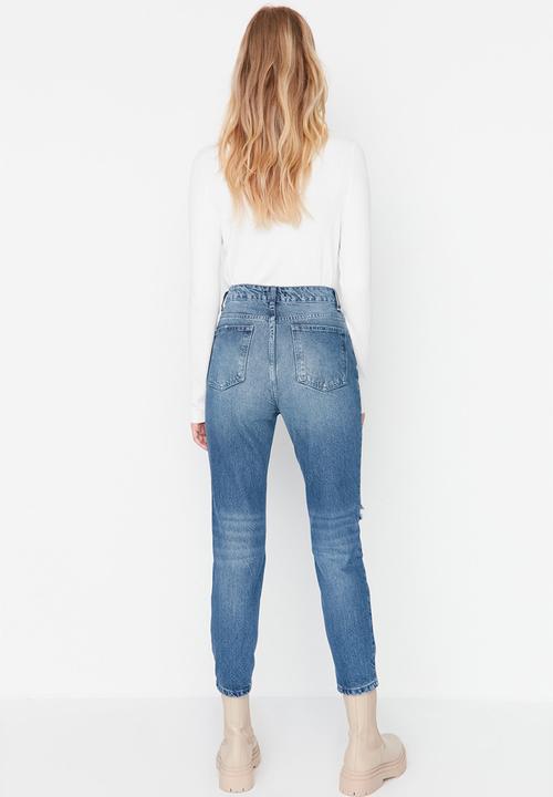 Trendyol - Ripped high waist mom jeans - blue