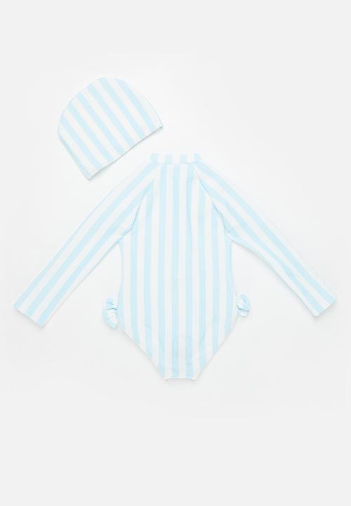 Pop Candy - Girls stripe swimsuit with zip - blue