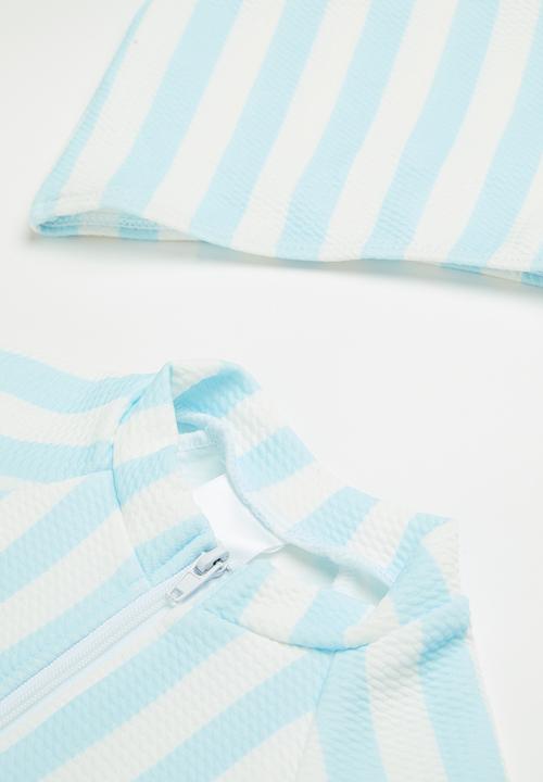 Pop Candy - Girls stripe swimsuit with zip - blue