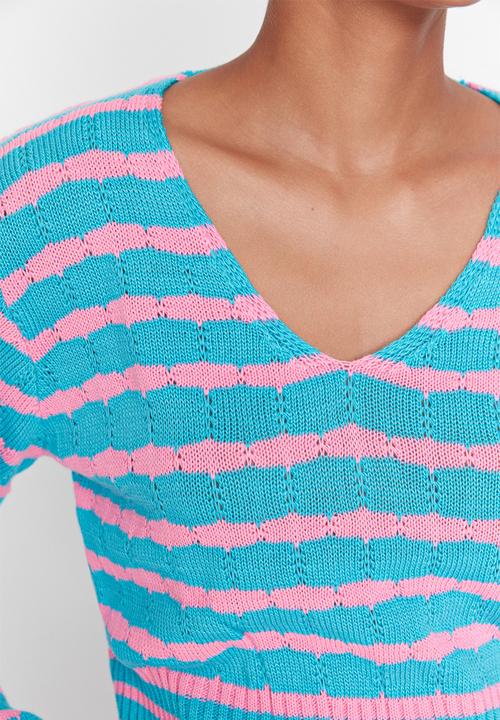 Trendyol - Striped knit crop sweater - blue