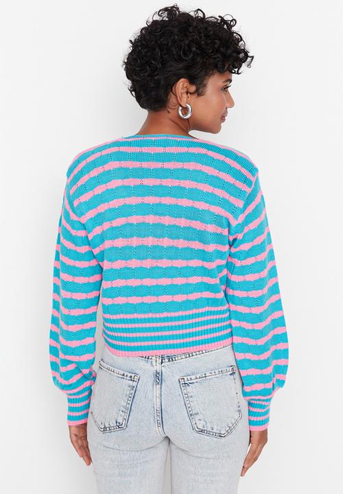 Trendyol - Striped knit crop sweater - blue