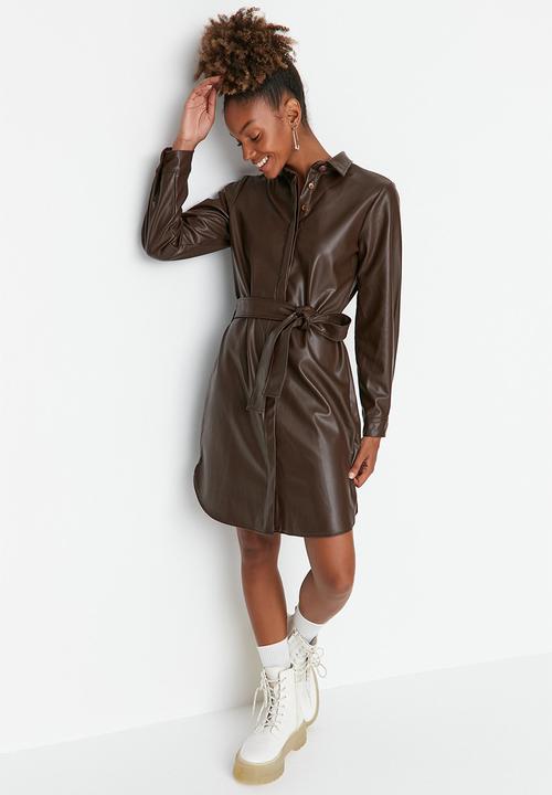Trendyol - Faux leather belted shirt dress - brown