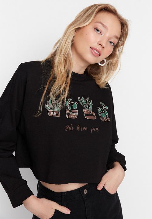 Trendyol - Loose printed crop sweatshirt - black