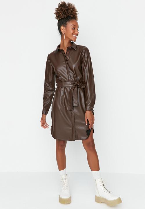 Trendyol - Faux leather belted shirt dress - brown