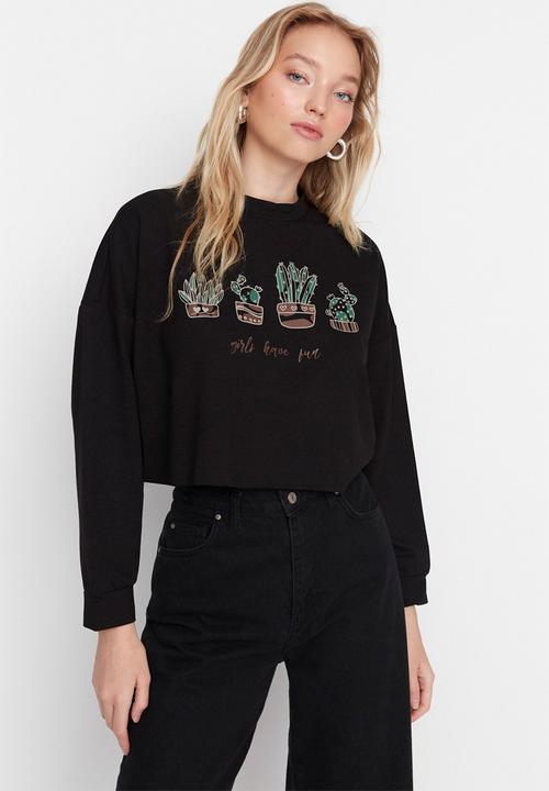 Trendyol - Loose printed crop sweatshirt - black
