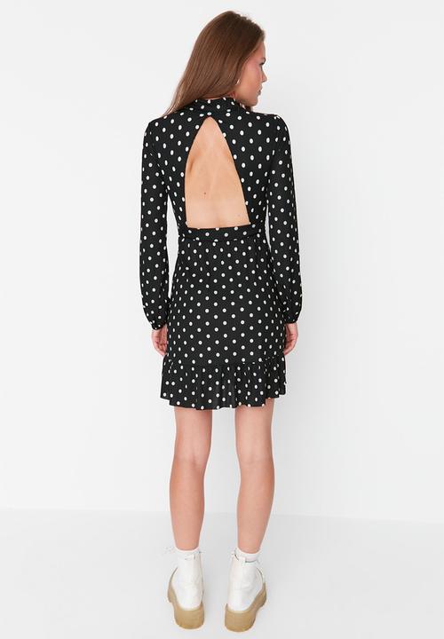 Trendyol - Ruffled low back print ribbed dress - black