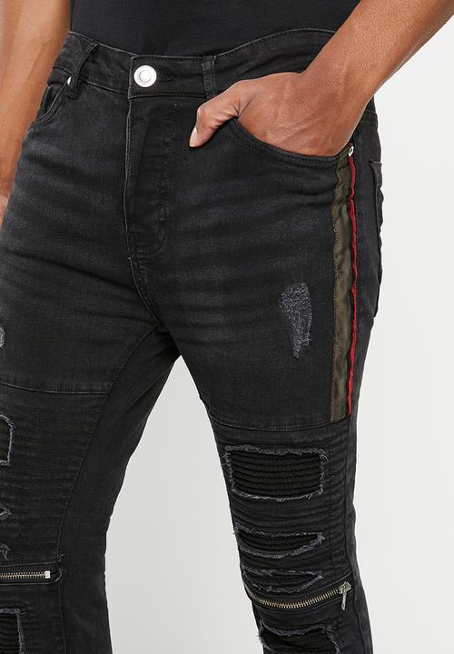 Brave Soul - Mjn-rubinstripe biker denim - black