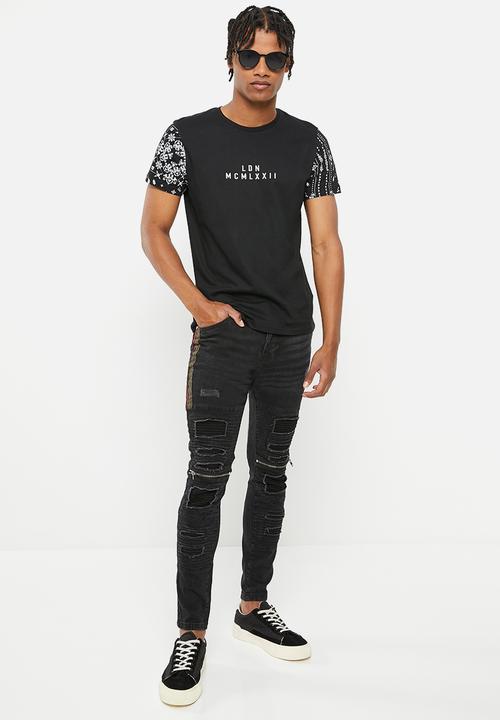 Brave Soul - Mjn-rubinstripe biker denim - black