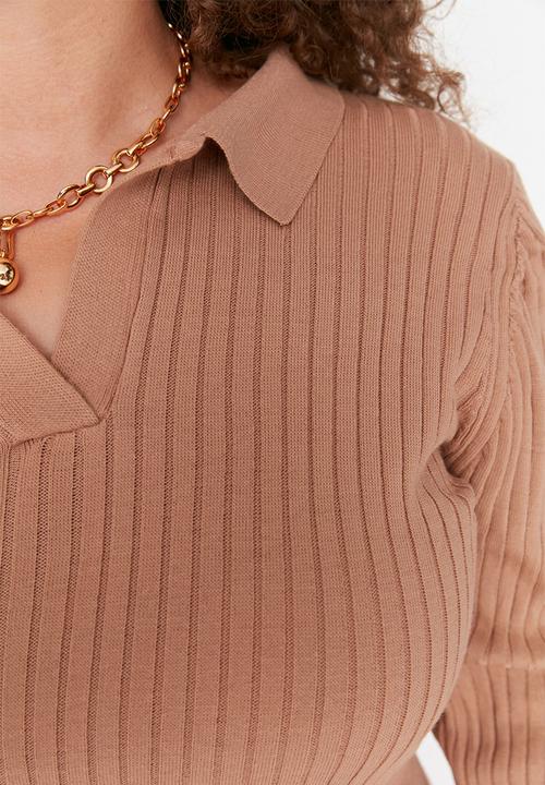 Trendyol - Plus polo neck sweater dress - brown