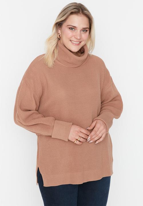 Trendyol - Plus turtleneck knit sweater - brown