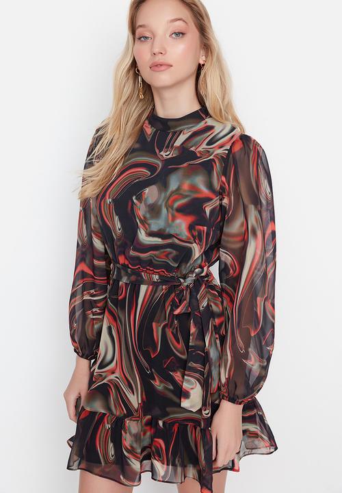 Trendyol - Belted ruffle skater dress - black