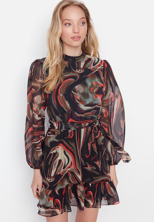 Trendyol - Belted ruffle skater dress - black