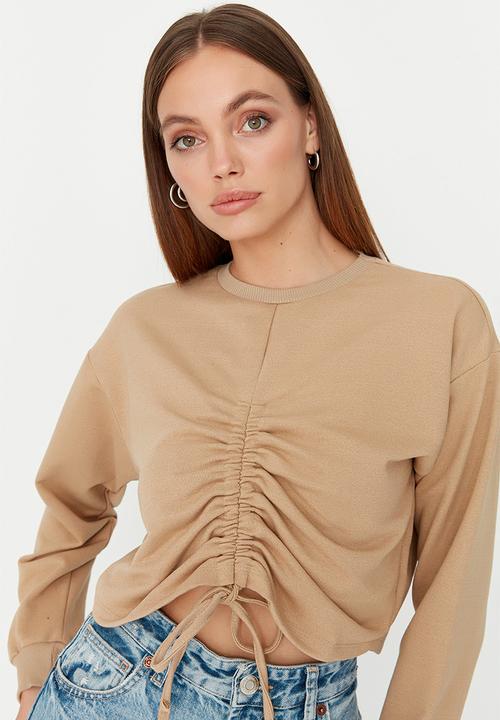 Trendyol - Ruched string crop sweatshirt - camel