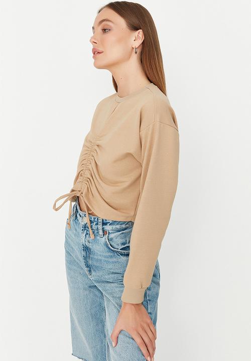 Trendyol - Ruched string crop sweatshirt - camel