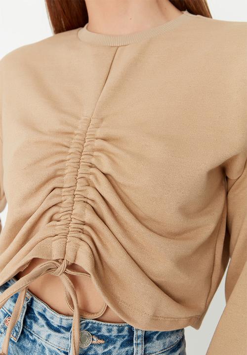 Trendyol - Ruched string crop sweatshirt - camel