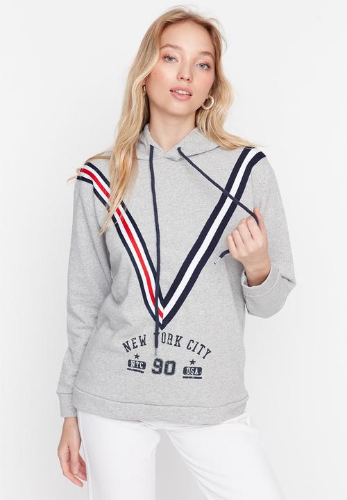 Trendyol - Stripe detailed printed hooded sweatshirt - grey