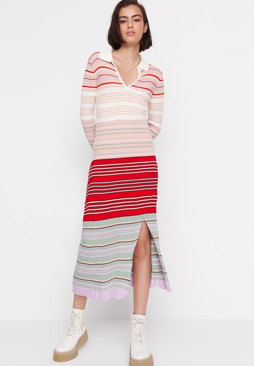 Trendyol - Striped polo slit sweater dress - pink