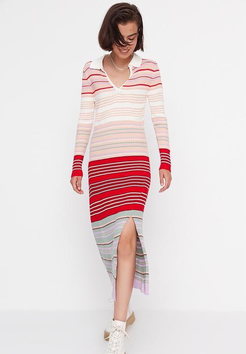 Trendyol - Striped polo slit sweater dress - pink