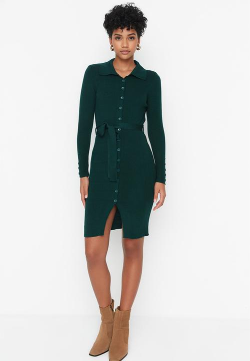Trendyol - Tie waist button front knit dress - emerald green