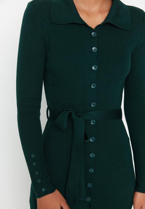 Trendyol - Tie waist button front knit dress - emerald green