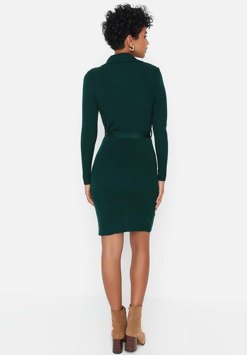 Trendyol - Tie waist button front knit dress - emerald green