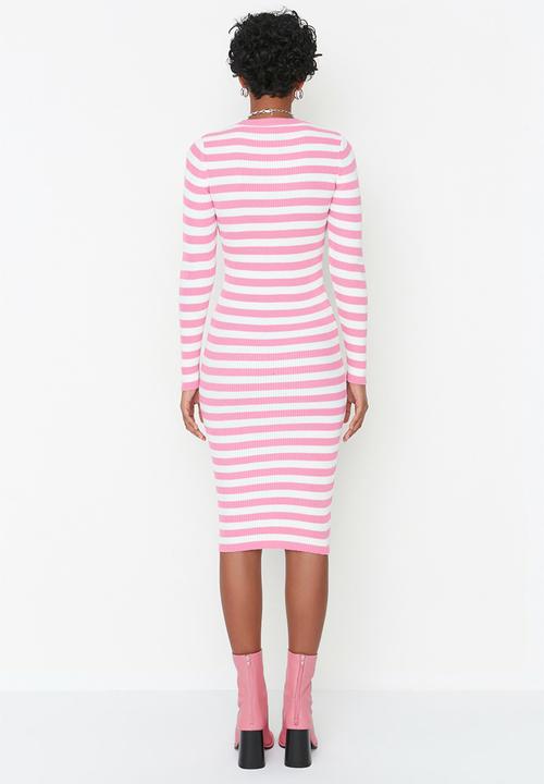 Trendyol - Striped high neck dress - pink