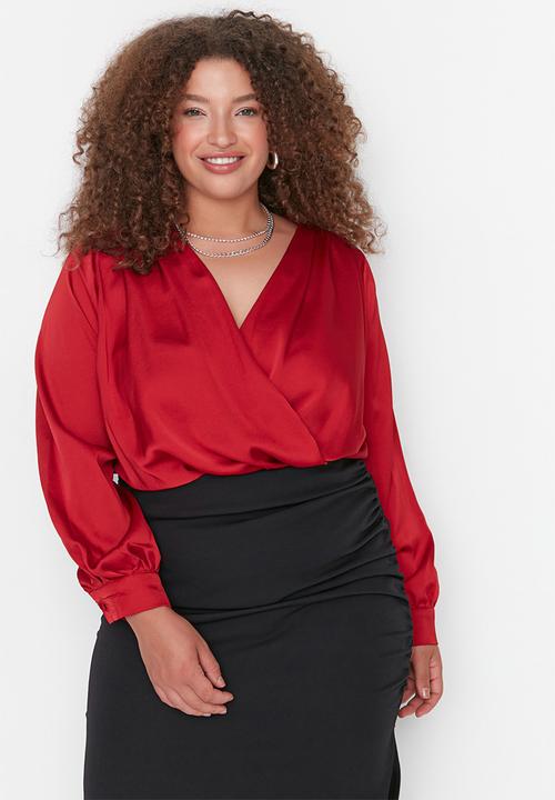 Trendyol - Plus satin wrap bodysuit - burgundy