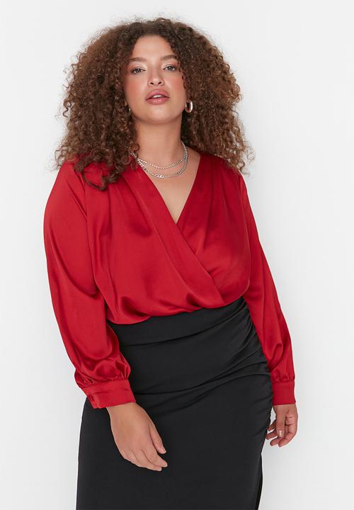 Trendyol - Plus satin wrap bodysuit - burgundy