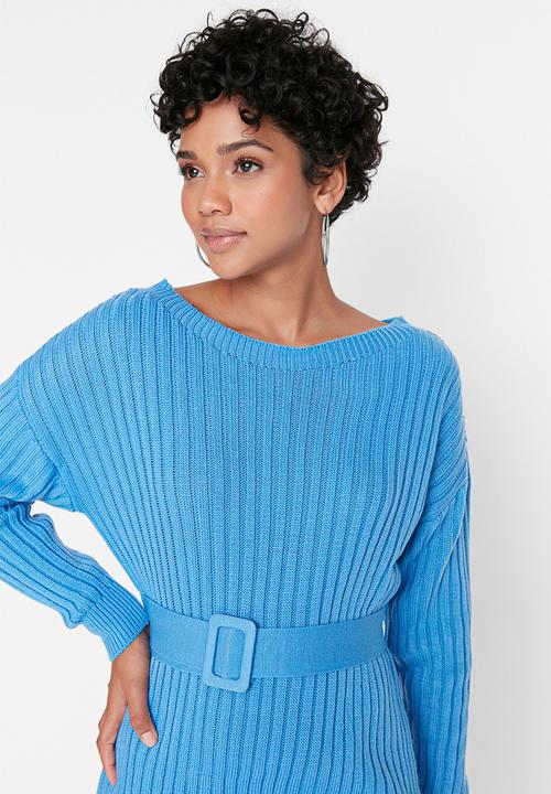 Trendyol - Belt detailed knit dress - blue