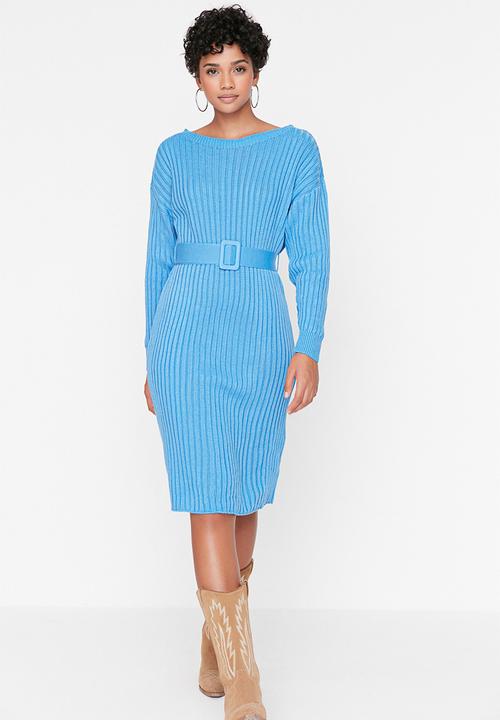 Trendyol - Belt detailed knit dress - blue