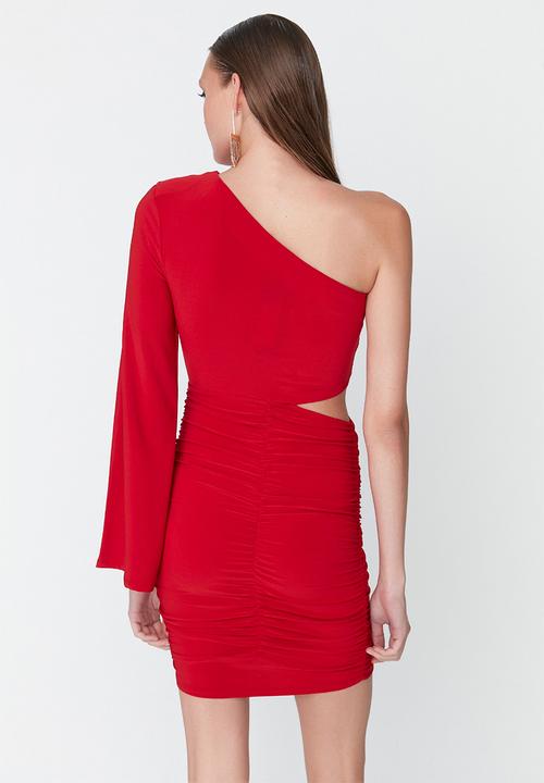 Trendyol - Asymmetrical sleeve mini dress - red