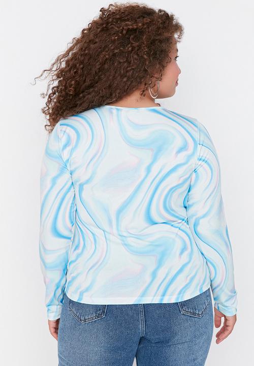 Trendyol - Plus patterned cutouit detail top - blue