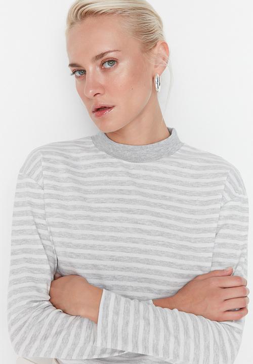 Trendyol - Striped high collar basic T-shirt - grey