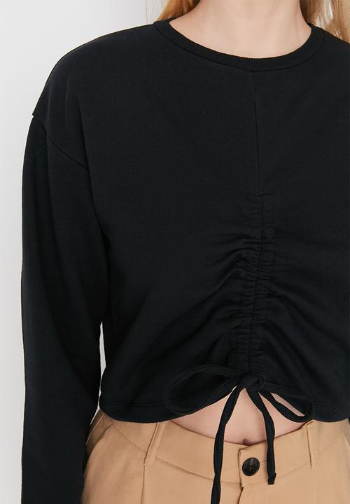 Trendyol - Ruched string crop sweatshirt - black