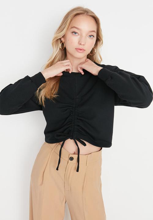 Trendyol - Ruched string crop sweatshirt - black
