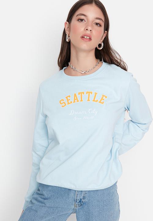 Trendyol - Printed basic thin sweatshirt - light blue