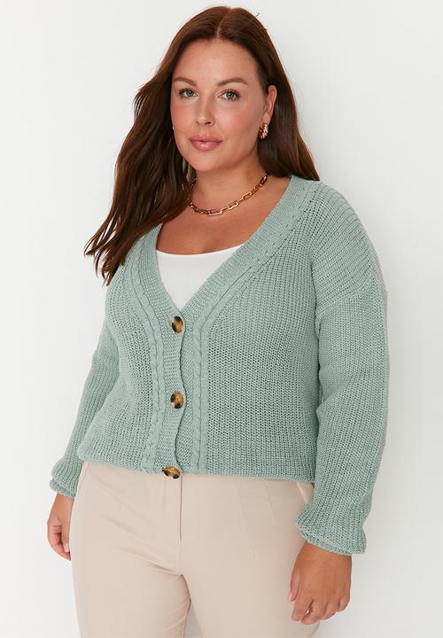 Trendyol - Plus v neck buttoned knit cardigan - green
